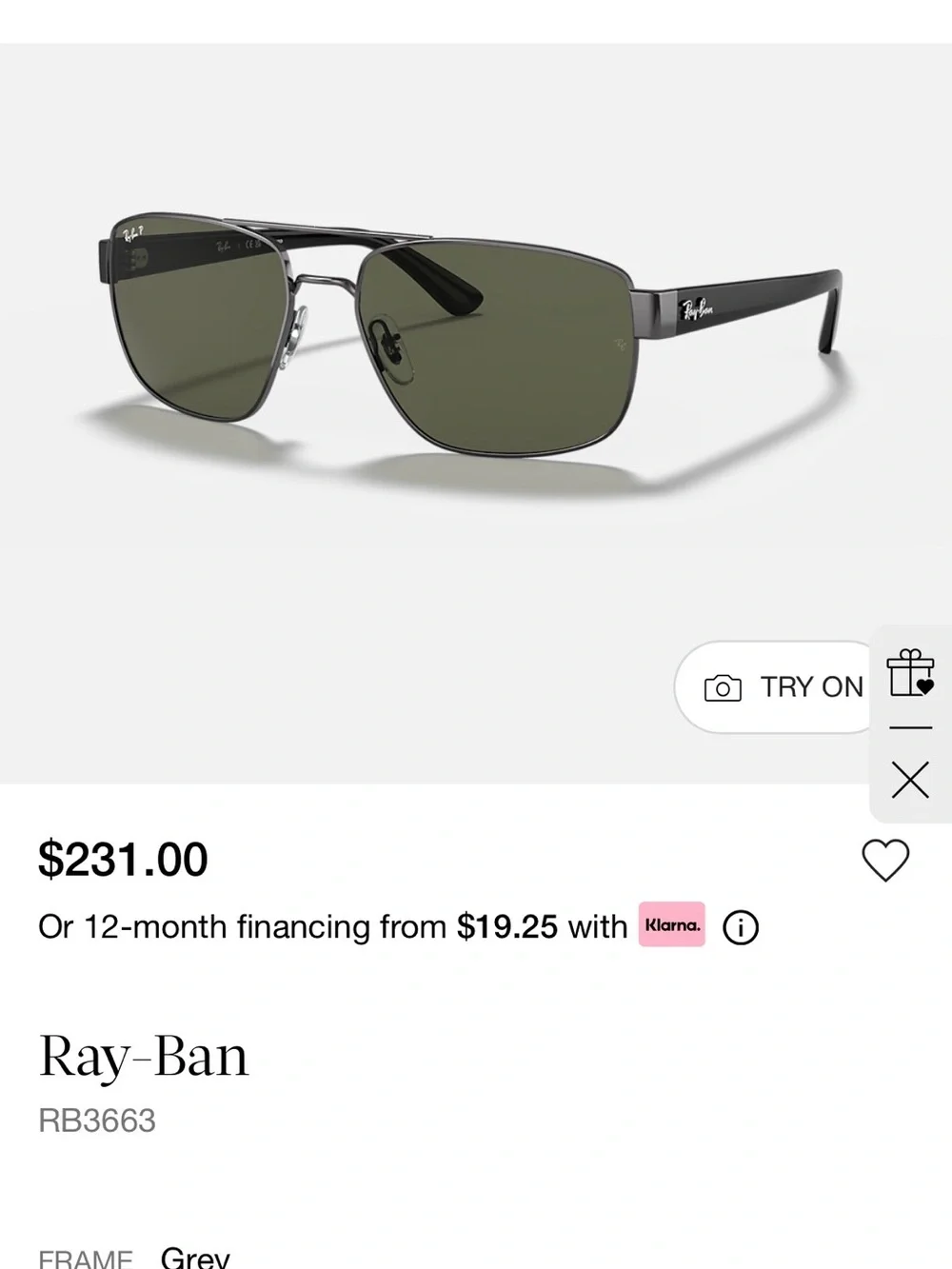 Ray-Ban RB 3663 Grey Frame Sunglasses with Green Lenses